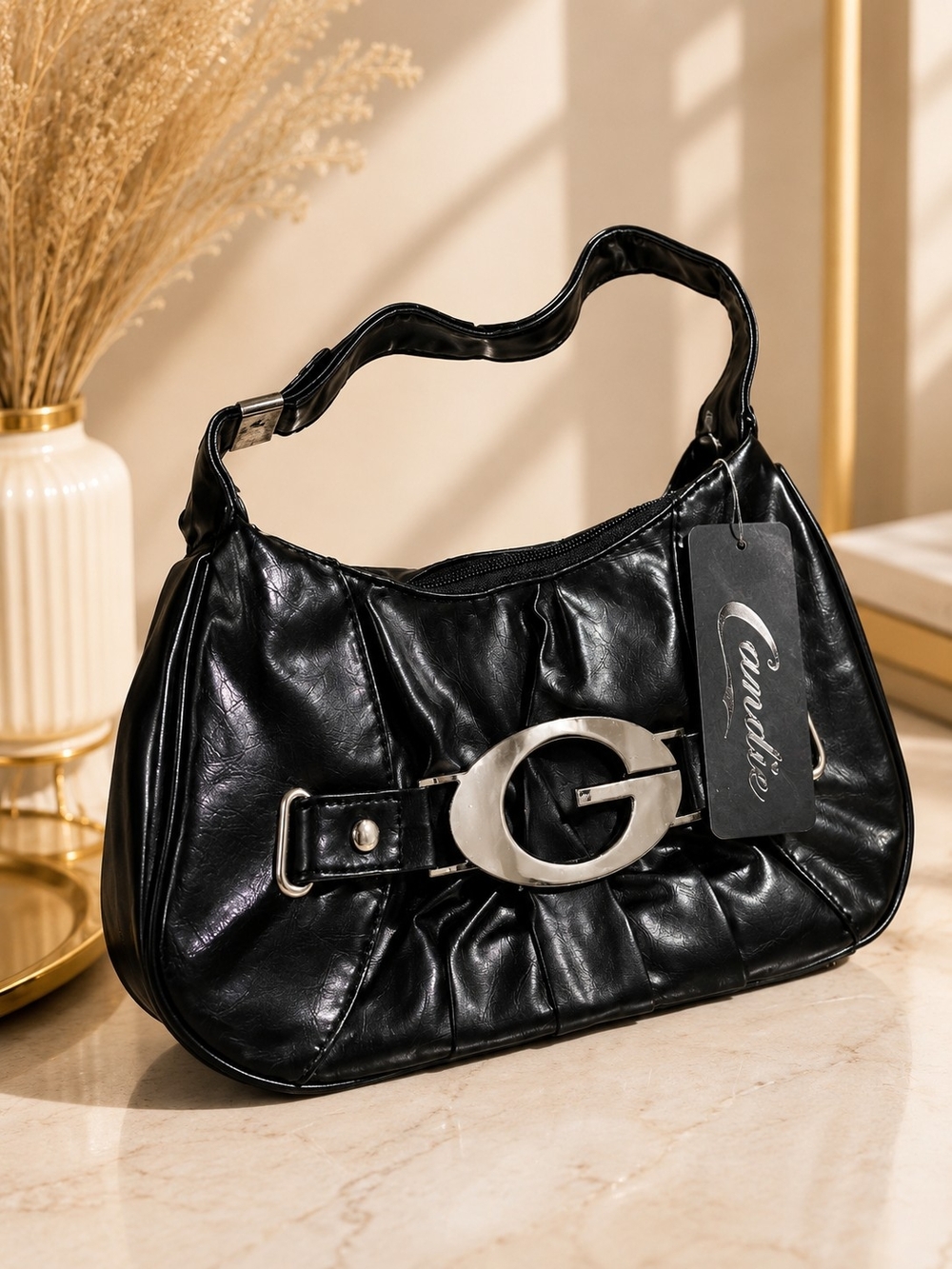 Black Vegan Leather Shoulder Bag with Silver G Logo